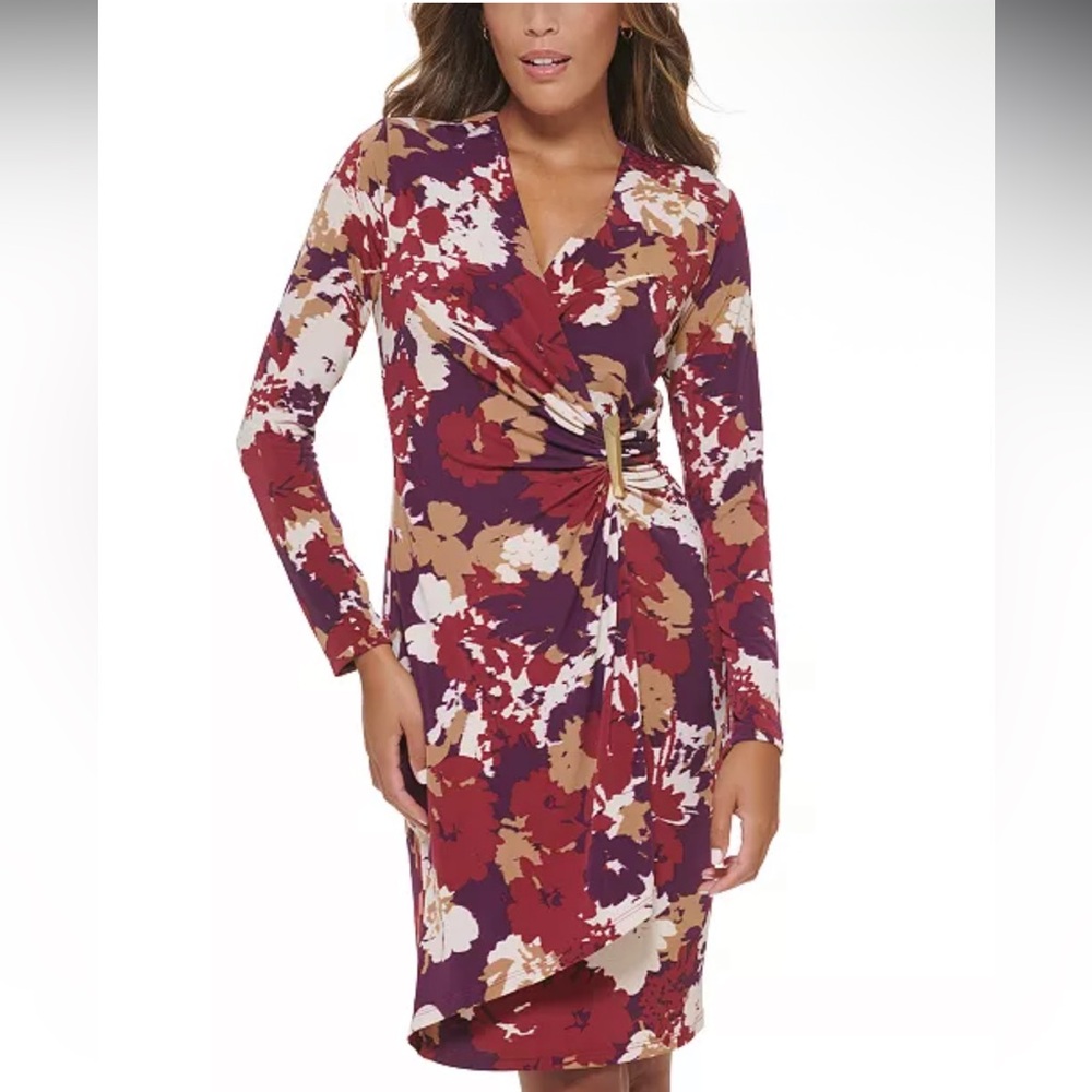 NWOT Calvin Kleins Sz 22 Women’s Floral Gold Stone Faux-Wrap Midi Dress Ret $139 - Picture 4 of 15